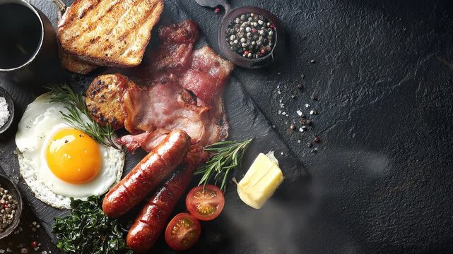 Full scottish breakfast on dark background with smoke