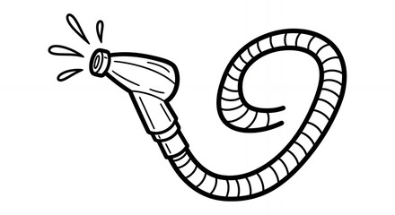 Black and White Line Art of a Shower Head with Water Droplets and Coiled Hose in a Clean White Background Suitable for Illustration