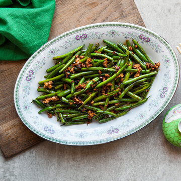 Traditional Chinese food stir fry green beans with pork