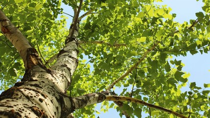 Fototapeta premium Towering Poplar Trees: Fast-Growing Species with Slender Trunks, Fluttering Leaves, and Iconic Silhouettes, Thriving in Forests, Riverbanks, and Urban Landscapes, Capturing Natural Elegance for Arbori