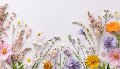 Fototapeta premium delicate pastel floral design with wildflowers on white background