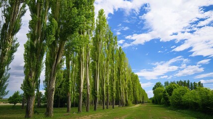Fototapeta premium Towering Poplar Trees: Fast-Growing Species with Slender Trunks, Fluttering Leaves, and Iconic Silhouettes, Thriving in Forests, Riverbanks, and Urban Landscapes, Capturing Natural Elegance for Arbori