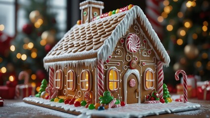 Luminous Gingerbread House with Intricate Candy Circuitry and Festive Bokeh Lights