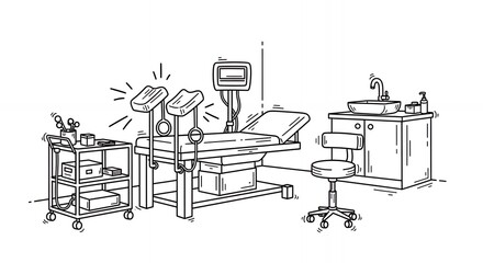 Black and White Line Drawing of a Doctor's Office with Examination Table Equipment Stands and Desk in a Clean Medical Clinic Interior