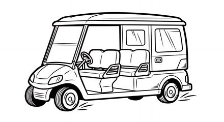 Obraz premium Black and White Line Drawing of a Multi Seat Open Air Vehicle Design with Steering Wheel and Wheels Isolated on White Background for Transportation