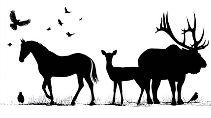 Silhouetted horse, deer, moose, & birds on ground against plain background