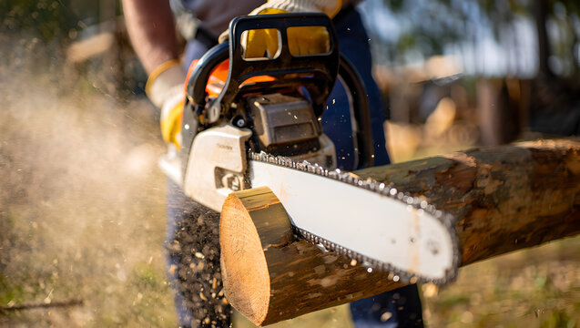 Forestry and Arboriculture: A Man's Hands with Gloves Using a Chainsaw on a Log.