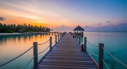 Fototapeta premium Wooden pier extending into the calm ocean at sunset with tropical trees in the background
