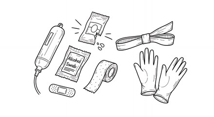 Black and White Line Drawing of Medical Supplies Organized on White Background Including Bandages Gloves and Syringe