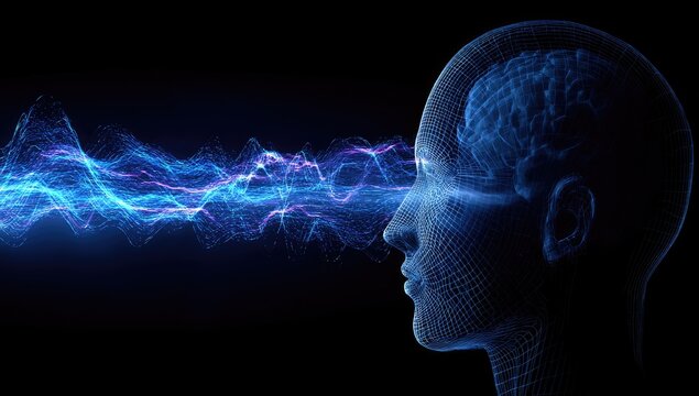 Digital brainwave, wireframe head