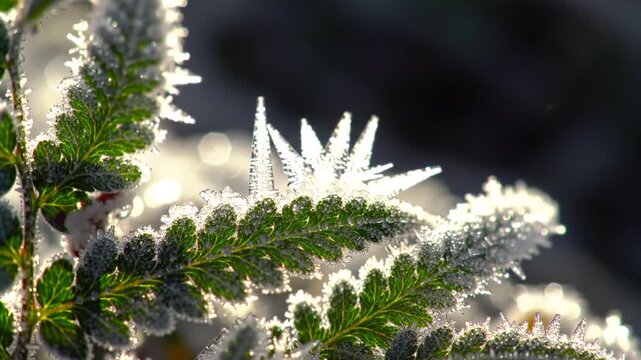 Frost covered fern leaves