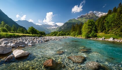 crystal clear river with clear water flows gently over smooth stones surrounded by towering mountains and lush greenery