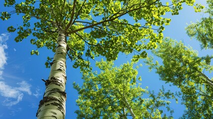 Fototapeta premium Towering Poplar Trees: Fast-Growing Species with Slender Trunks, Fluttering Leaves, and Iconic Silhouettes, Thriving in Forests, Riverbanks, and Urban Landscapes, Capturing Natural Elegance for Arbori