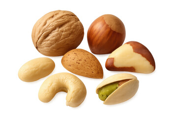 Nuts mix falling on transparent background: walnut, hazelnut, almond, cashew, pistachio and brazil nut