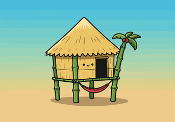 Cartoon depiction of a tropical house with a cheerful character, hammock and palm tree &ndash; capturing the essence of a relaxing getaway.