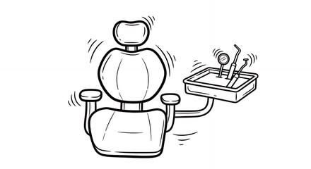 Dental Chair and Instruments in Black and White Line Drawing on Clean White Background