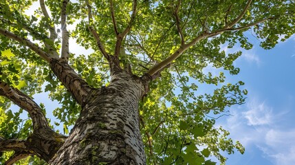 Fototapeta premium Towering Poplar Trees: Fast-Growing Species with Slender Trunks, Fluttering Leaves, and Iconic Silhouettes, Thriving in Forests, Riverbanks, and Urban Landscapes, Capturing Natural Elegance for Arbori