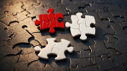 Fototapeta premium Red and white puzzle pieces on a dark background