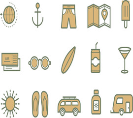 Bright summer vacation icon set featuring travel, beach, and holiday essentials. Perfect for tourism ads, travel blogs, summer event posters, and vacation-themed designs
