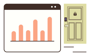Bar chart in simple browser window beside secured door with smart lock, representing data security, digital privacy, access control, and analytics. Ideal for cybersecurity, technology solutions, data