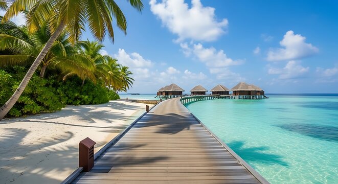 Wooden pier leading to overwater bungalows in a tropical paradise with turquoise water and palm trees - Powered by Adobe