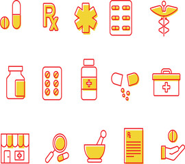 Pharmacy and medicine icon set with pills, bottles, and medical symbols. Ideal for healthcare apps, medical infographics, pharmaceutical branding, and hospital materials