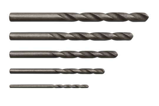 Five different sized drill bits laying on transparent background