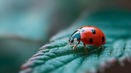 Obraz premium Ladybug on green leaf closeup