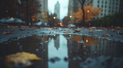 Autumn Reflection in City Puddle: Urban Landscape Photography