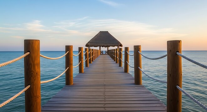Fototapeta Wooden pier leading to a thatched roof hut over the calm ocean at sunset
