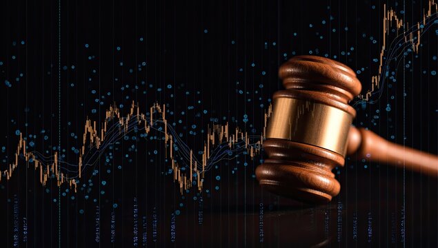 Gavel and stock market data on dark background