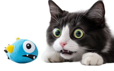Shocked cat reacting with wide eyes and raised fur to funny prank toy in cartoonish style illustration isolated on transparent background PNG