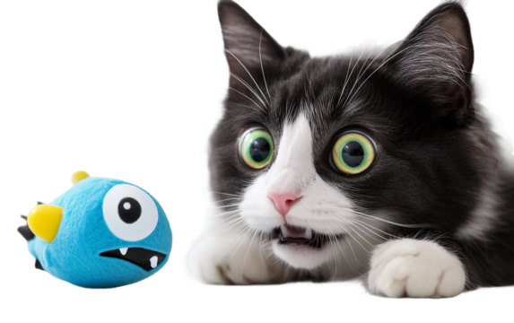 Shocked cat reacting with wide eyes and raised fur to funny prank toy in cartoonish style illustration isolated on transparent background PNG