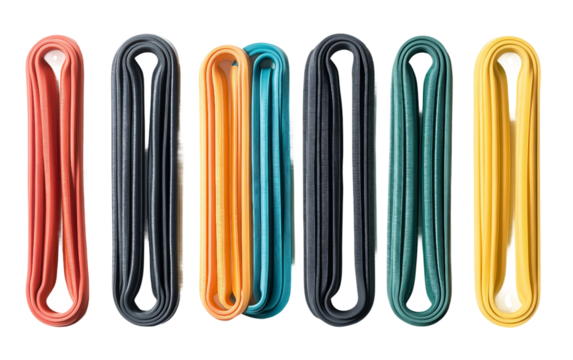 Set of resistance bands in different strength levels arranged for home fitness and strength training workouts isolated on transparent background PNG