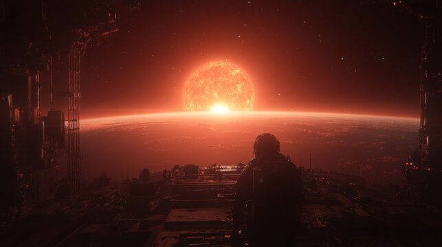 An astronaut gazing upon an epic solar eclipse in a vast, vibrant red cosmos
