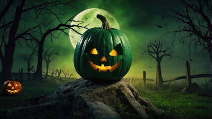 Spooky Green Halloween Pumpkin Under Moonlight
