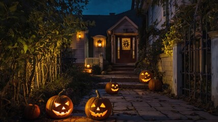 Spooky Halloween House Decorated with Jack-o'-lanterns