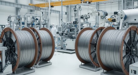 Modern industrial interior showing large spools of superconducting wire ready for winding into fusion reactor magnets under controlled conditions.