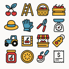 Cherry icons show harvest agriculture market sale elements
