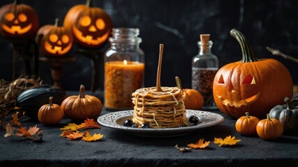 Spooky Halloween Pancakes with Carved Pumpkins and Candles