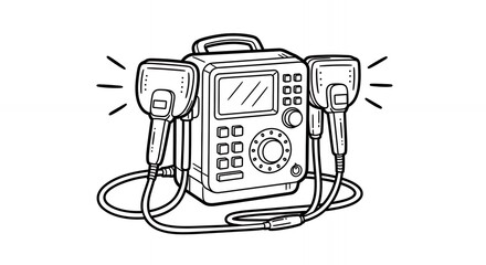 Detailed Black and White Line Art Illustration of a Defibrillator with Paddle Electrodes Cables and Central Control Unit Isolated on White Background