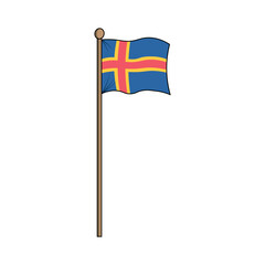 Illustration of the Aland Islands Flag on a Wooden Pole on White Background