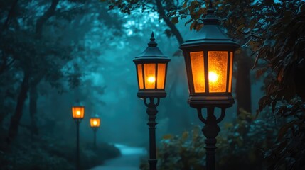 Three street lamps are lit up in the woods