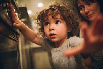 Fototapeta premium Curious child reaching toward hot oven