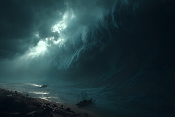 Fototapeta premium Giant tsunami wave approaching coastal ships