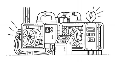 Detailed Black and White Line Art of Industrial Machinery Featuring Pipes Gauges and a Control Panel Against a Plain White Background in a Vector Style Illustration