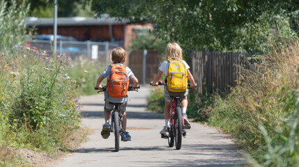 Fototapeta premium Two children with backpacks are seen from behind, riding their bicycles down path surrounded by tall grass, green foliage. Sun shines brightly on this outdoor journey, friendship and freedom.