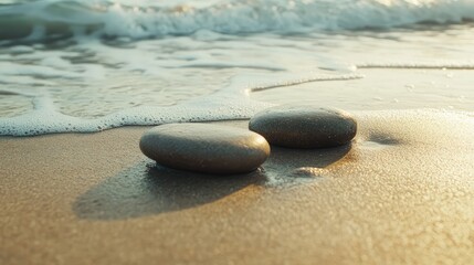 Two rocks are on the beach