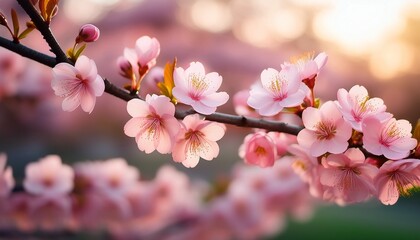 Obraz premium close up of delicate pink cherry blossoms blooming on a branch with soft blurred background