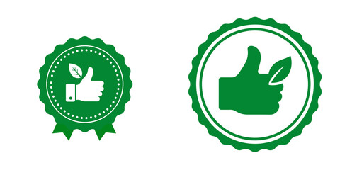 Green thumbs up badges with leaf symbol in circular design, graphic style, green colors, for eco-friendly products, quality approval, sustainability concepts, web icons, packaging